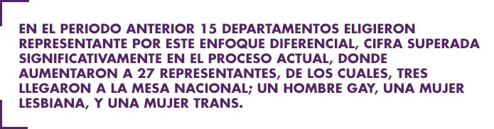 En el periodo anterior 15 departamentos eligieron representante por este enfoque diferencial, cifra superada significativamente en el proceso actual, donde aumentaron a 27 representantes, de los cuales, tres llegaron a la Mesa Nacional; un hombre gay, una mujer lesbiana, y una mujer trans. 