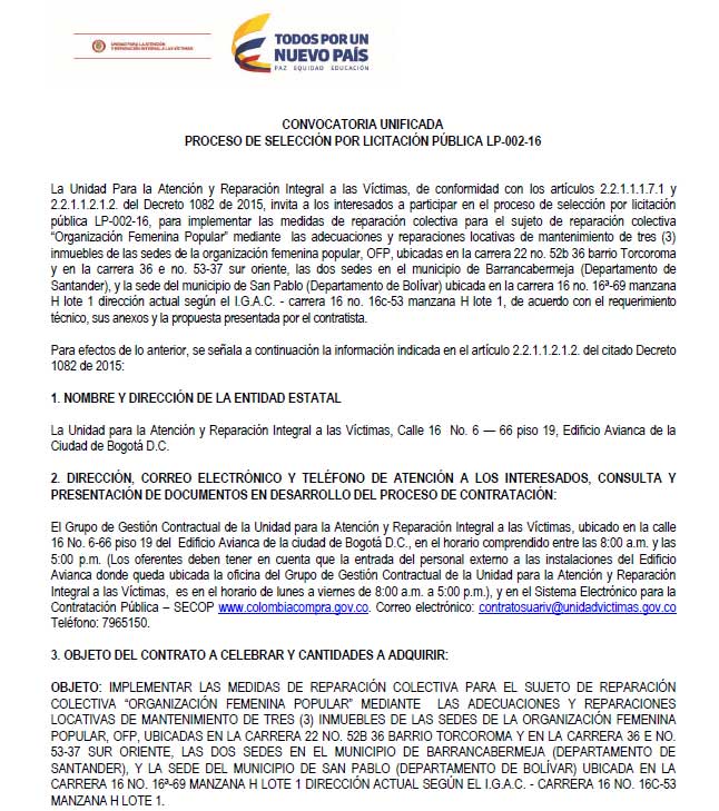 AVISO CONVOCATORIA UNIFICADO LP 002 16