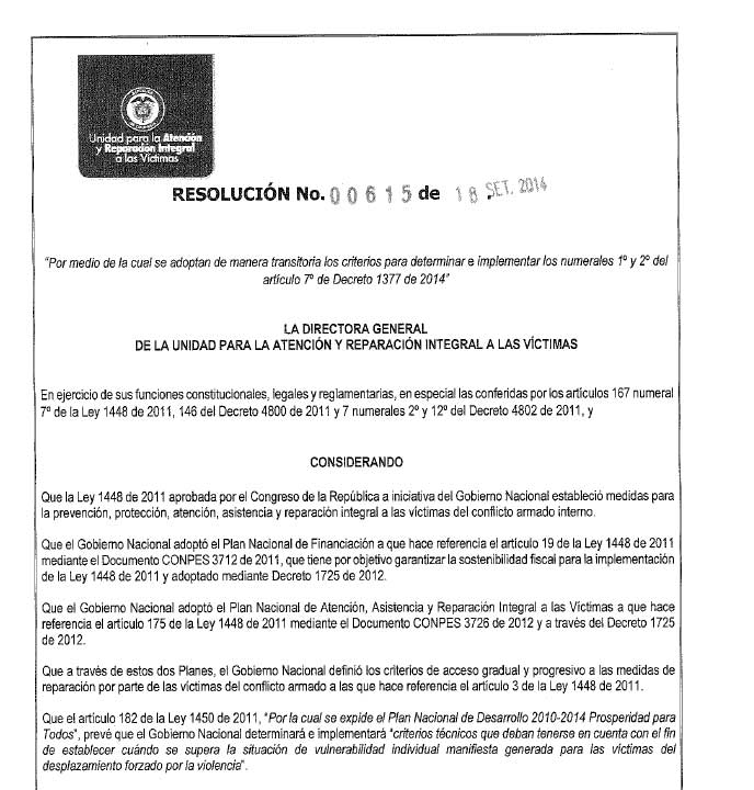 RESOLUCION 00615 DE 18 DE SEPTIEMBRE 2014