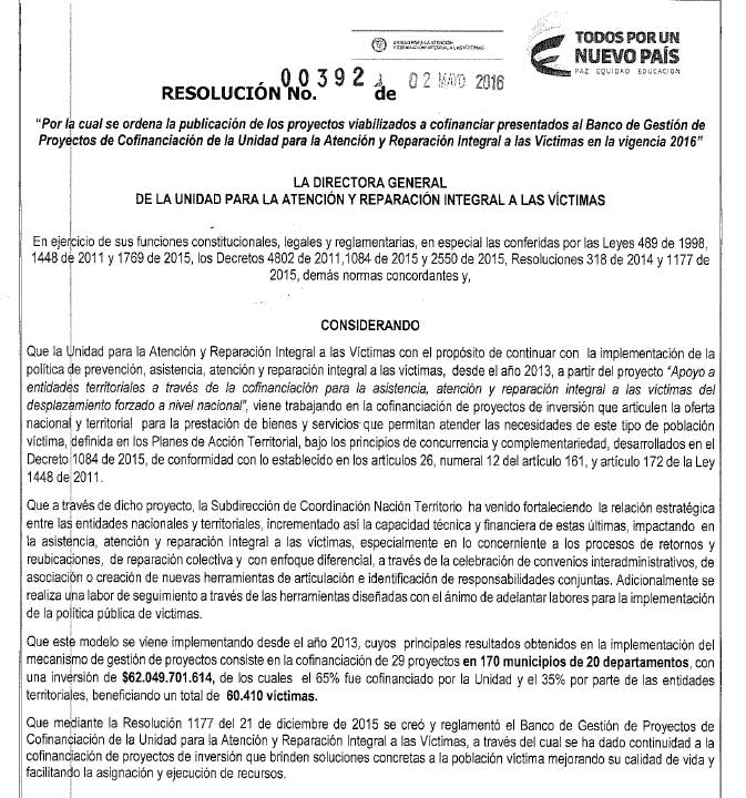 portada Resolucion 00392 de 2016