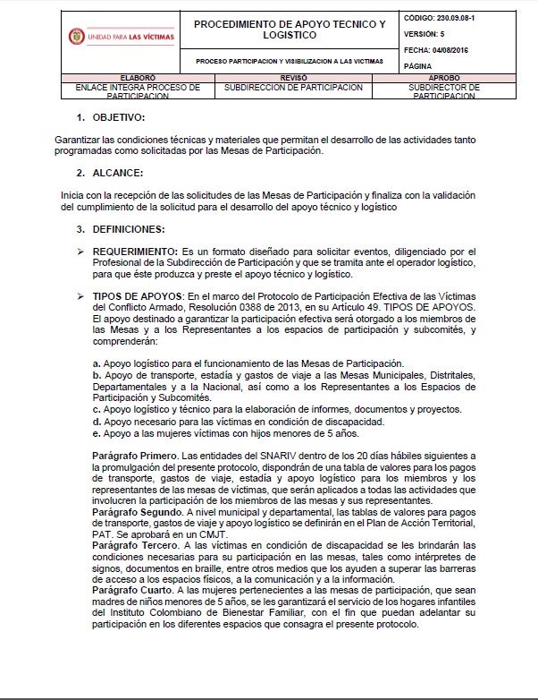 Portada Procedimiento apoyo tecnico y logistico
