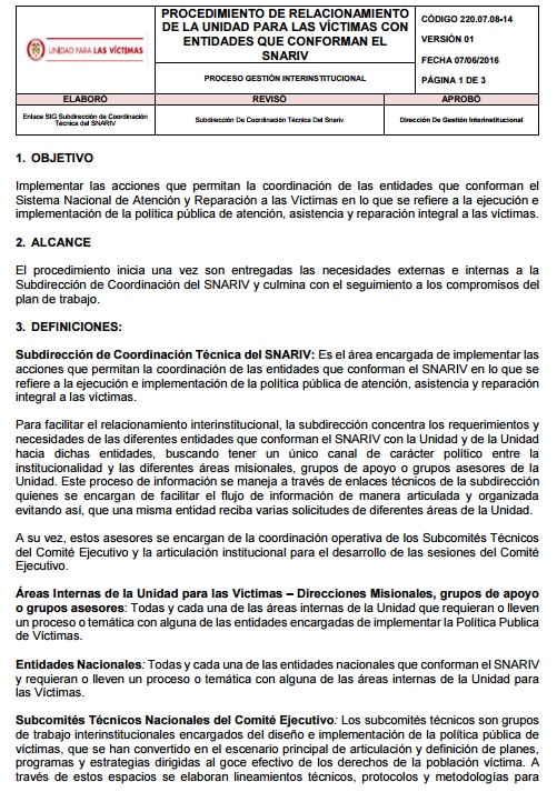 Procedimiento de relacionamiento de la unidad para las victimas con entidades SNARIV