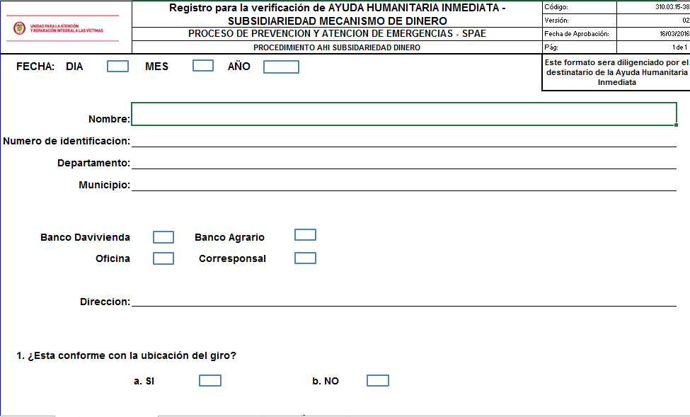 Registro para la verificacion de AHI Subsidiariedad Mecanismo Dinero