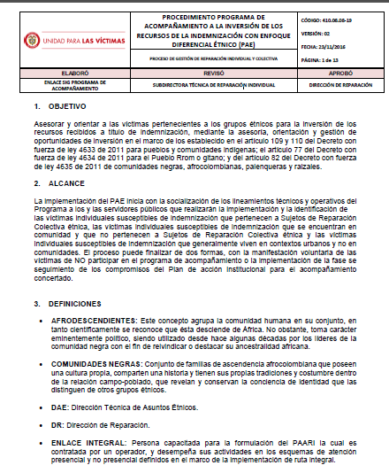 PROCEDIMIENTO PROGRAMA DE ACOMPANAMIENTO A LA INVERSION DE LOS RECURSOS DE LA INDEMNIZACION CON ENFOQUE DIFERENCIAL ETNICO PAE 0