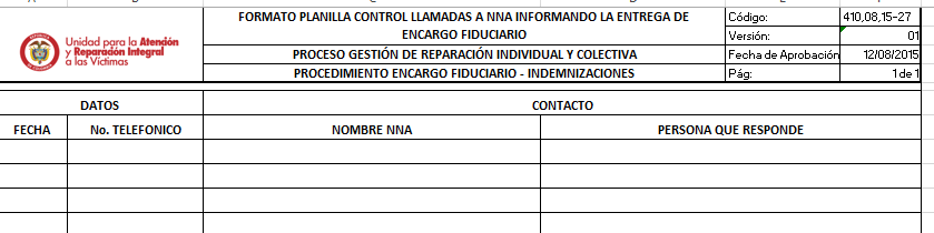 formato planilla control llamadas a nna informando la entrega de encargo fiduciario