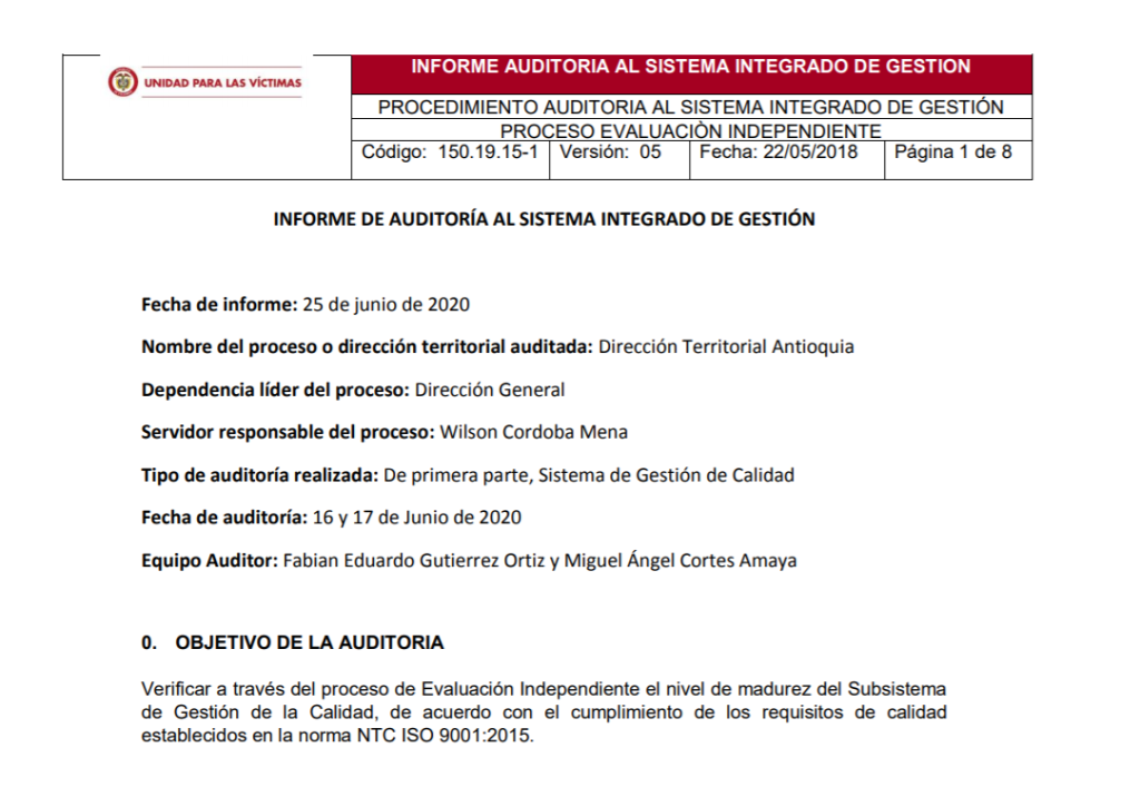 informe auditoria de calidad dt antioquia
