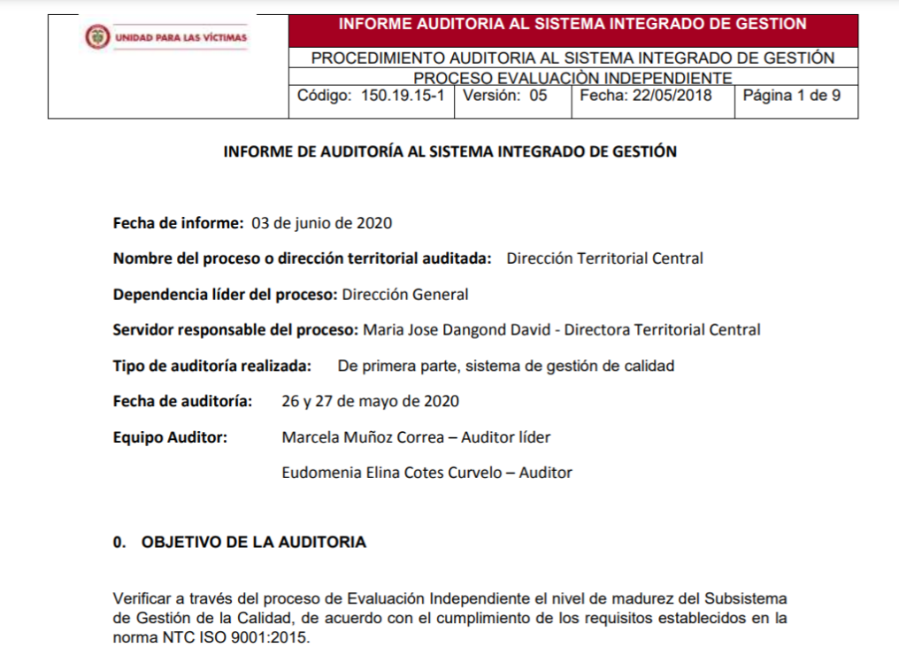 informe auditoria de calidad dt central