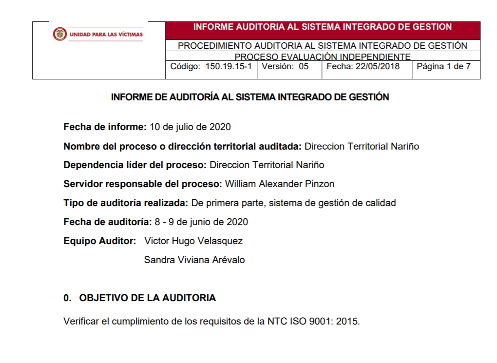 informe auditoria de calidad dt narino