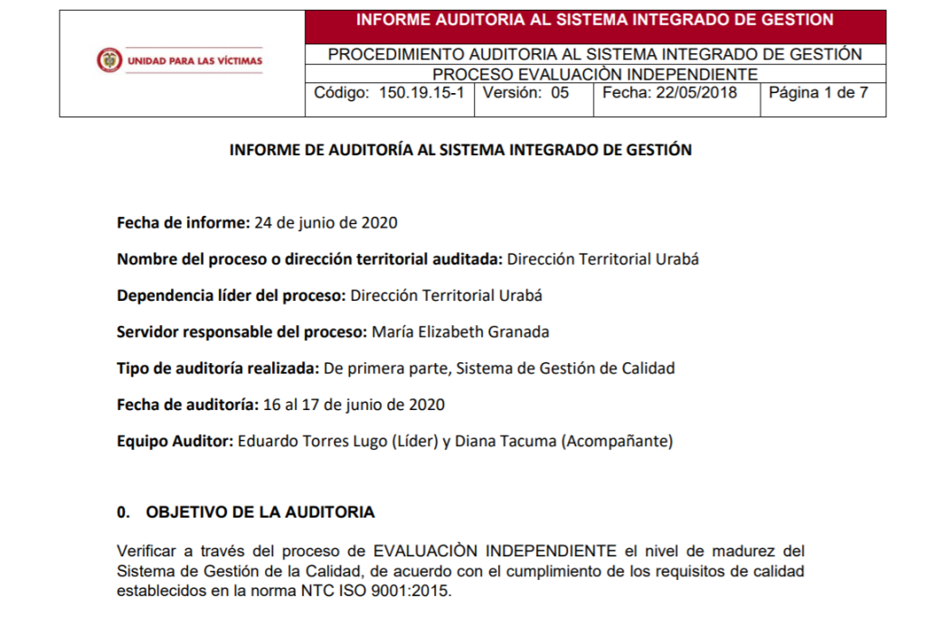 informe auditoria de calidad dt uraba