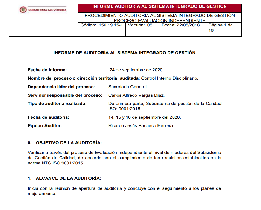 informe auditoria de calidad   control interno disciplinario