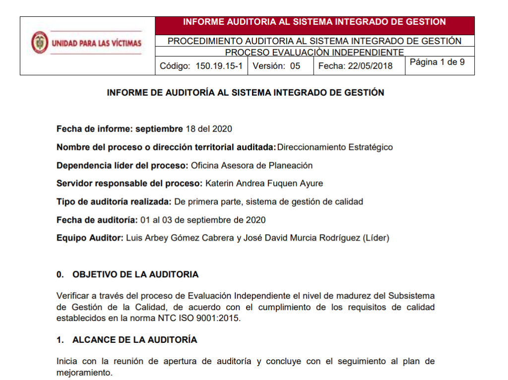 informe auditoria de calidad   direccionamiento estrategico