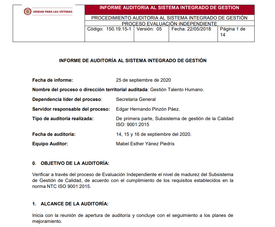 informe auditoria de calidad   gestion del talento humano