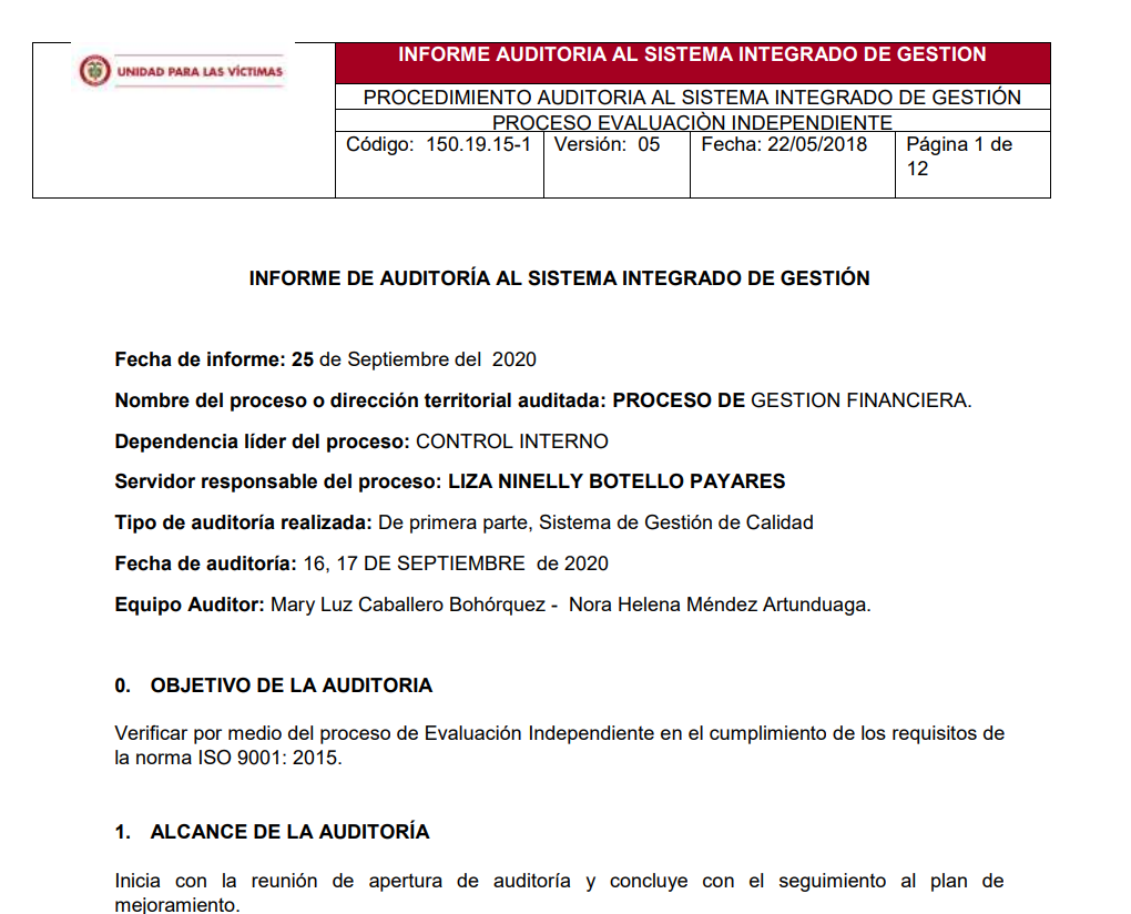 informe auditoria de calidad   gestion financiera