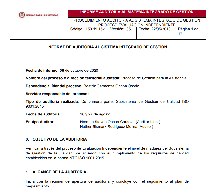 informe auditoria de calidad   gestion para la asistencia