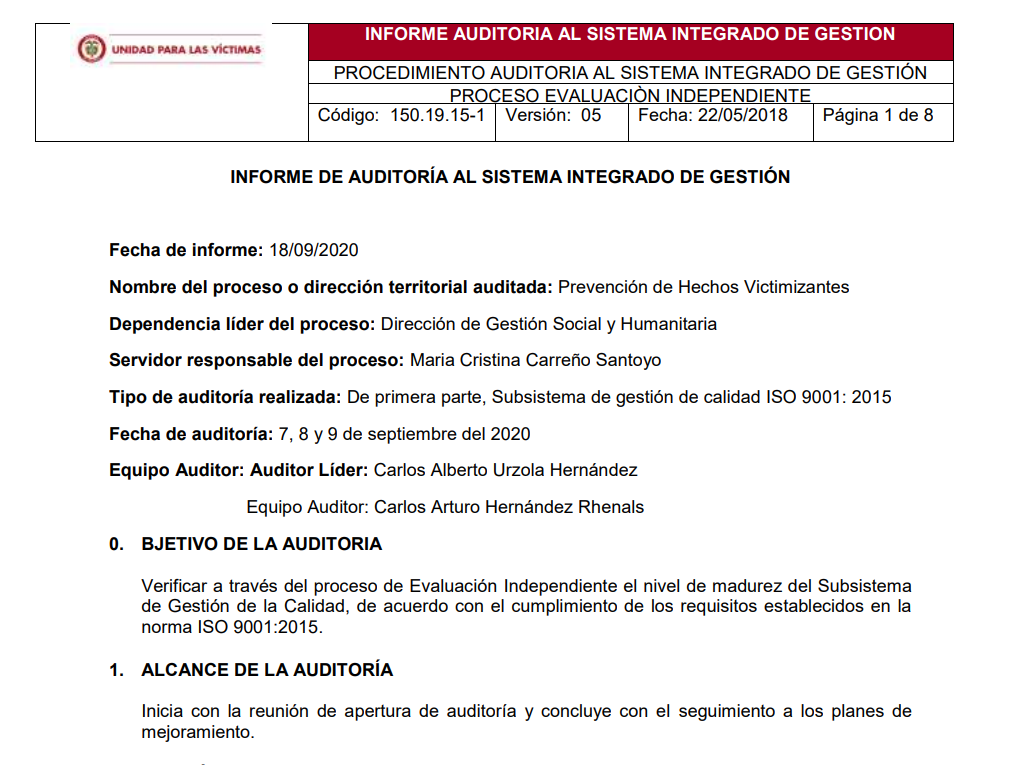 informe auditoria de calidad   prevencion de hechos victimizantes
