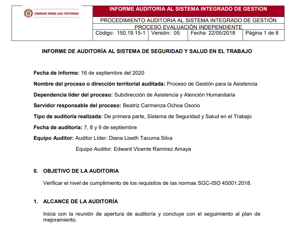 informe auditoria del sgsst   gestion para la asistencia