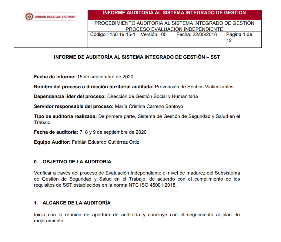 informe auditoria del sgsst   prevencion de hechos victimizantes