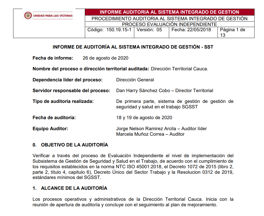 informe final auditoria interna sgsst dt cauca