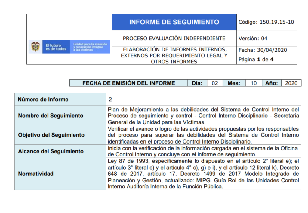 seguimiento plan mejoramiento control interno disciplinario 2020 octubre