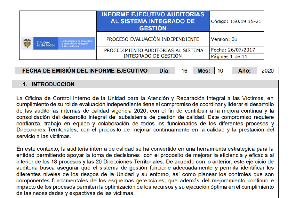 informe ejecutivo auditoria calidad 2020