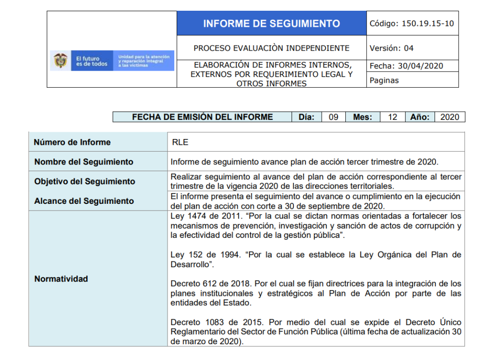 informe seguimiento avance plan de accion 3er trimestre 2020 dt