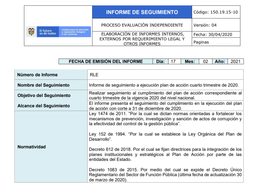 informe seguimiento ejecucion plan de accion 4to trimestre 2020 nivel nacional