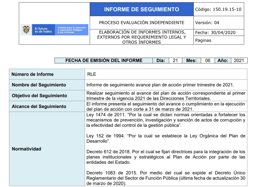 informe seguimiento avance plan de accion 1er periodo 2021 d.t