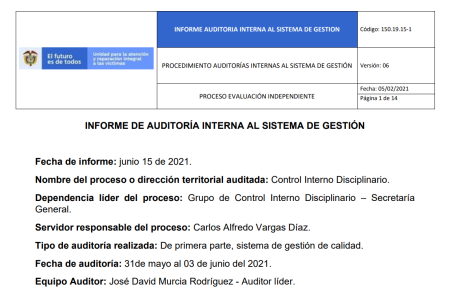 Informe Auditoria de Calidad - Control Interno Disciplinario | Unidad ...