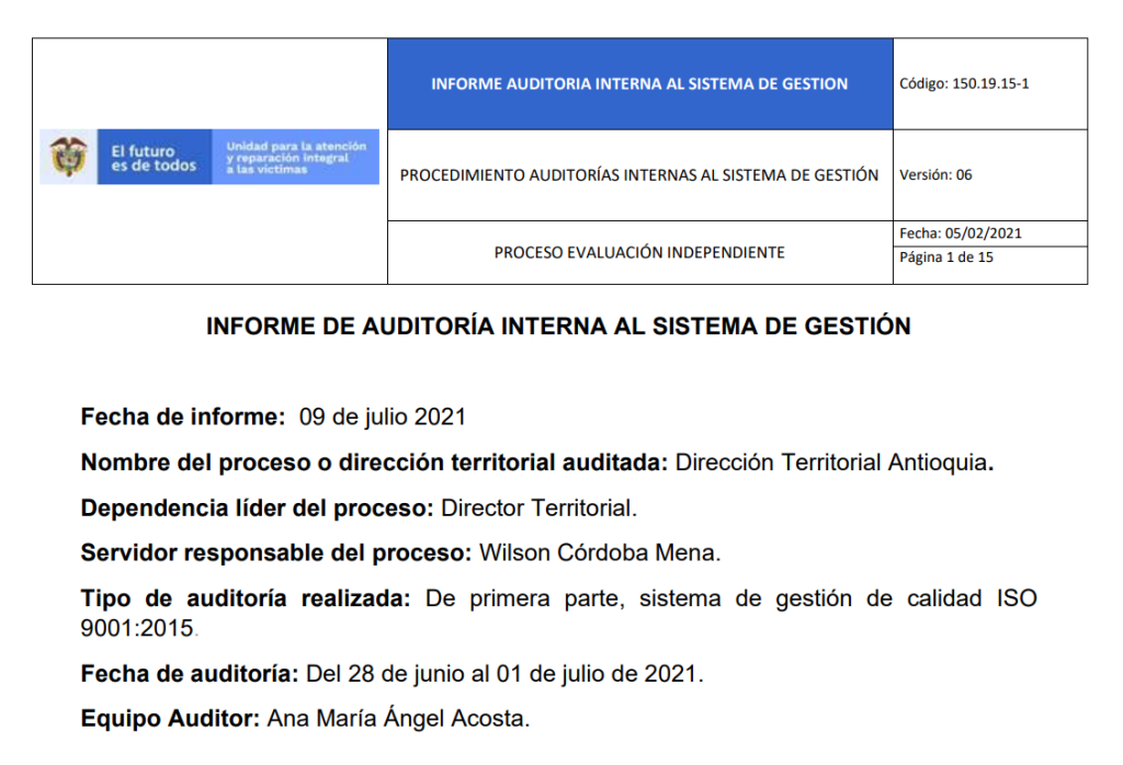 informe auditoria de calidad   dt antioquia