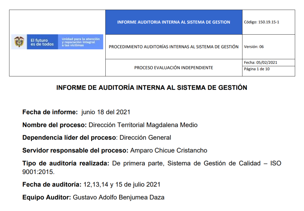 informe auditoria de calidad   dt magdalena medio