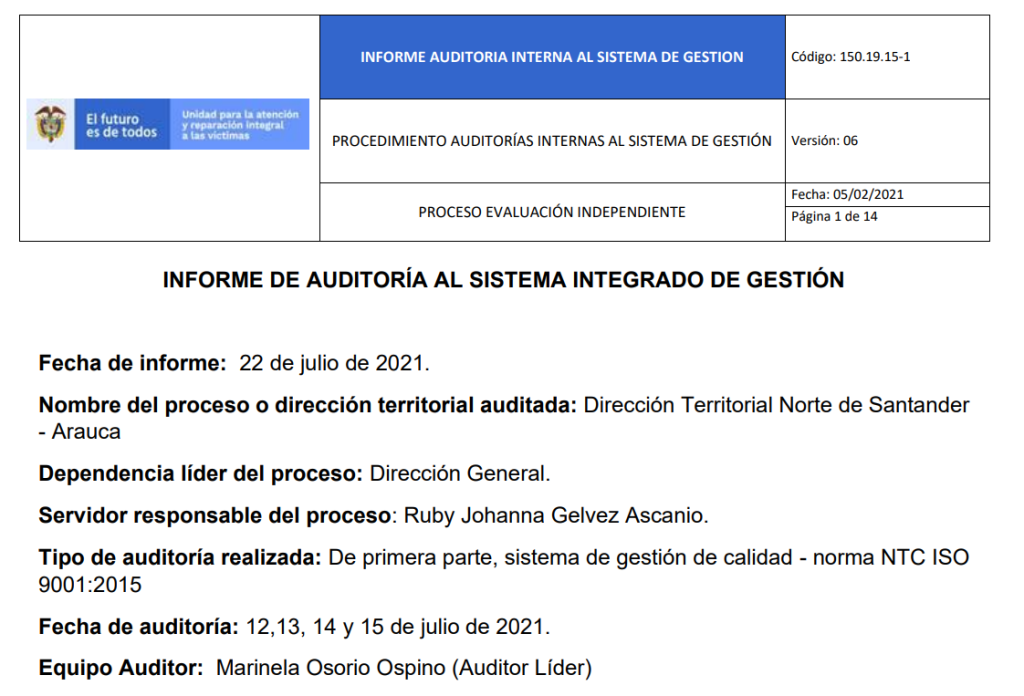 informe auditoria de calidad   dt norte de santander