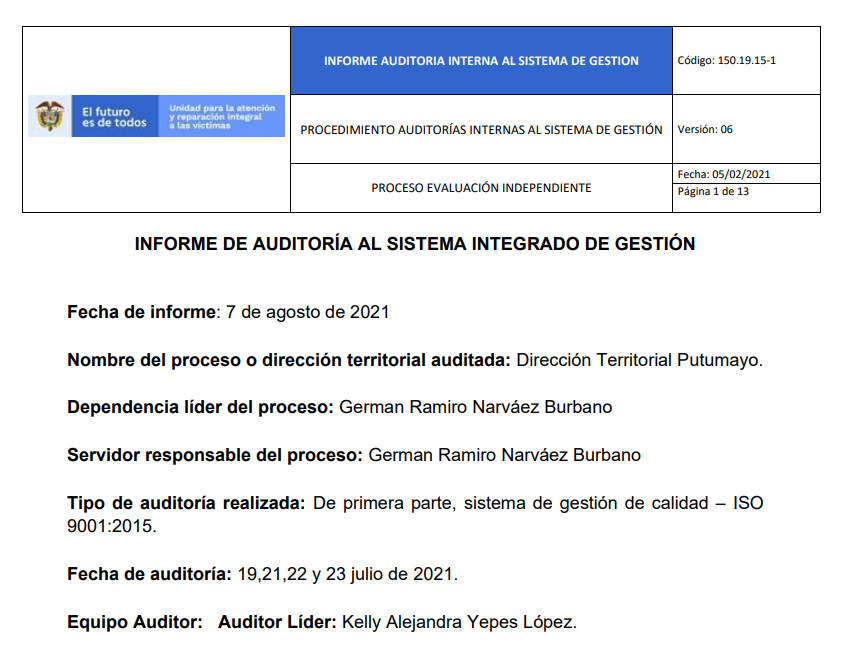 informe auditoria de calidad   dt putumayo