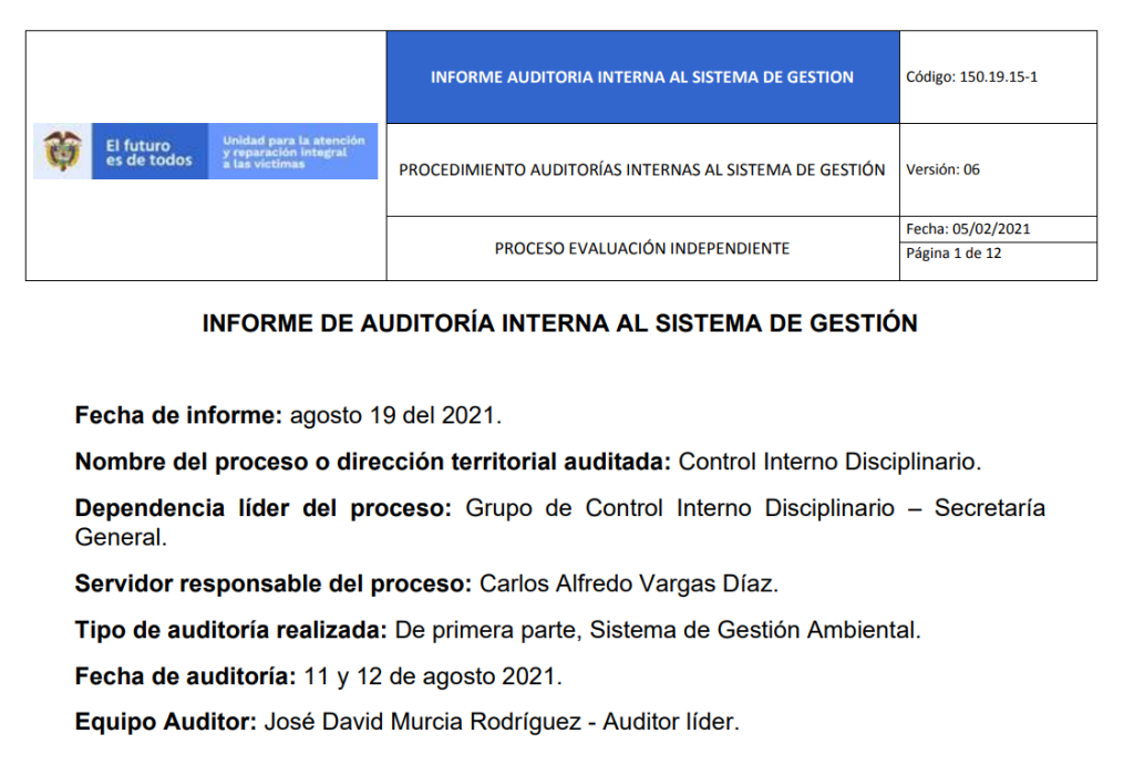 informe auditoria del sga   control interno disciplinario