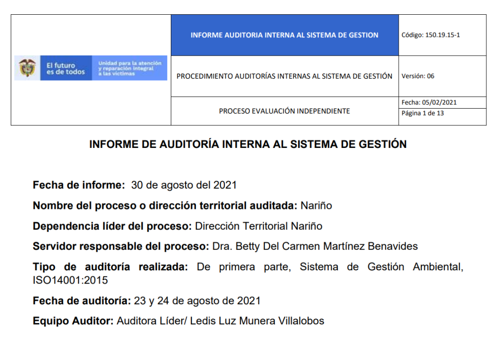 informe auditoria del sga   dt narino
