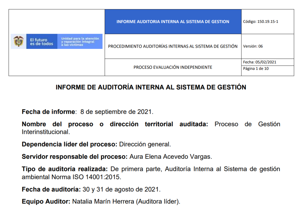 informe auditoria del sga   gestion interinstitucional