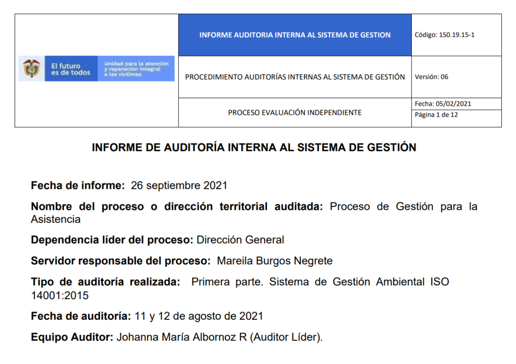 informe auditoria del sga   gestion para la asistencia