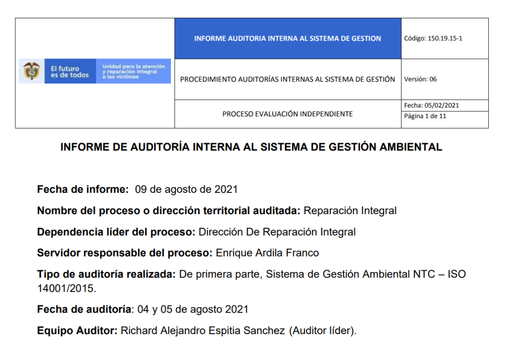 informe auditoria del sga  reparacion integral