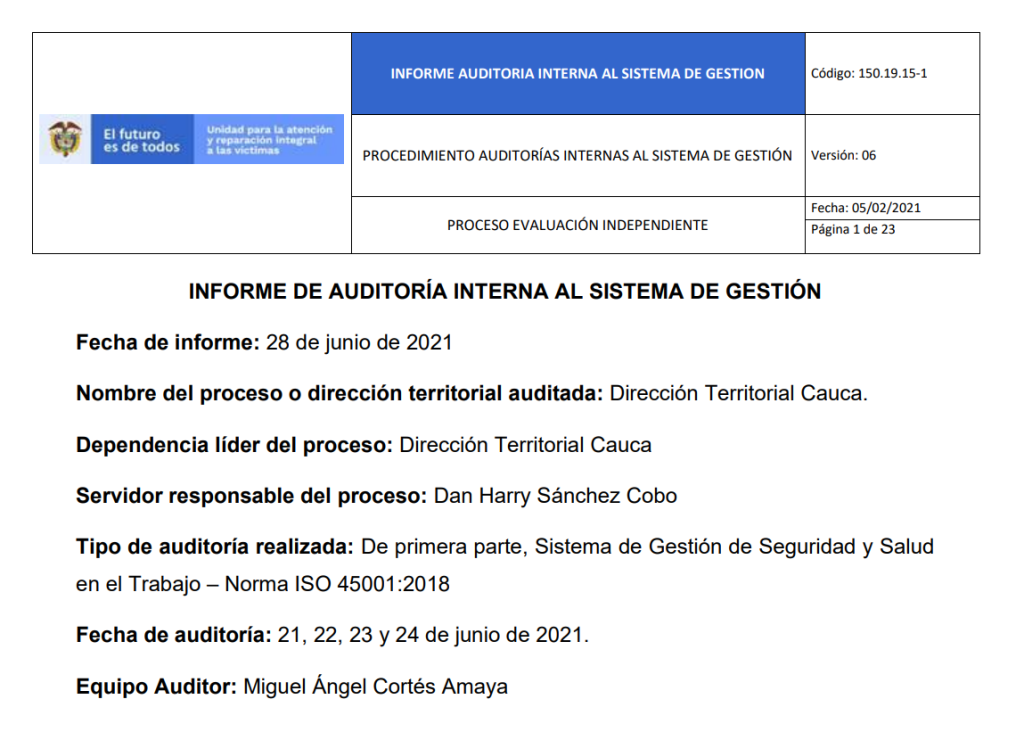 informe auditoria del sgsst   dt cauca
