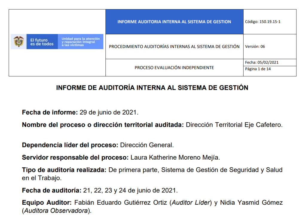 informe auditoria del sgsst   dt eje cafetero