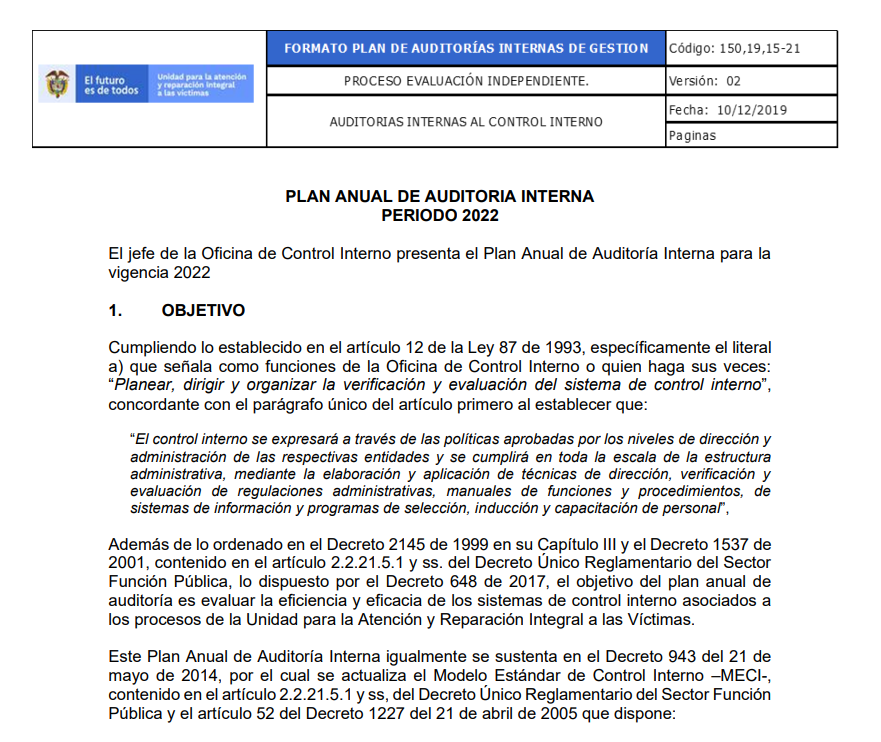 plan anual de auditorias vigencia 2022 oci