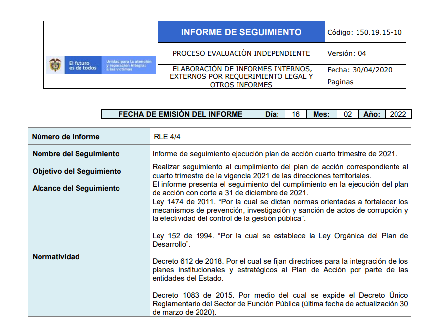 informe seguimiento ejecucion plan accion 4to trimestre 2021dt