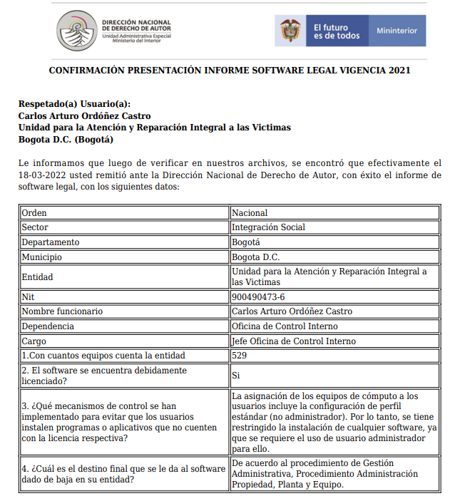 certificado registro de informe de software legal 2022