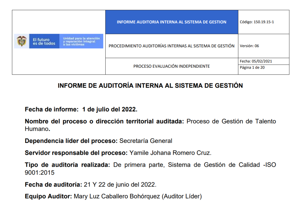 informe auditoria de calidad   gestion talento humano