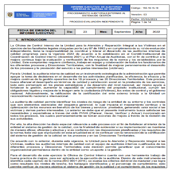 informe ejecutivo auditoria de sistema de gestion de calidad   2022