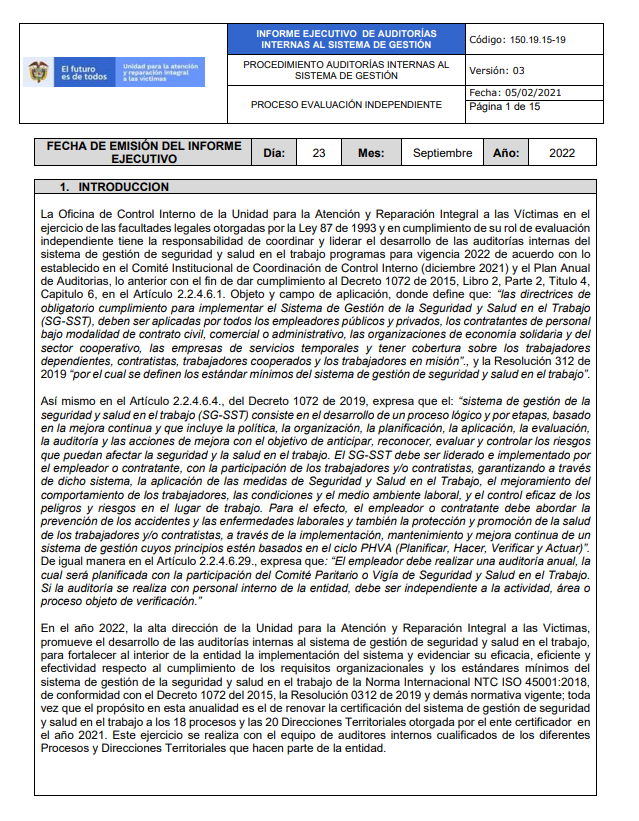 informe ejecutivo auditoria del sistema de gestion de seguridad y salud en el trabajo   2022