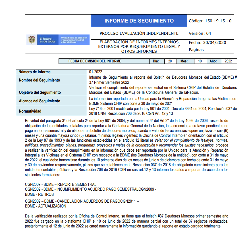 informe de seguimiento al reporte del boletin de deudores morosos del estado bdme