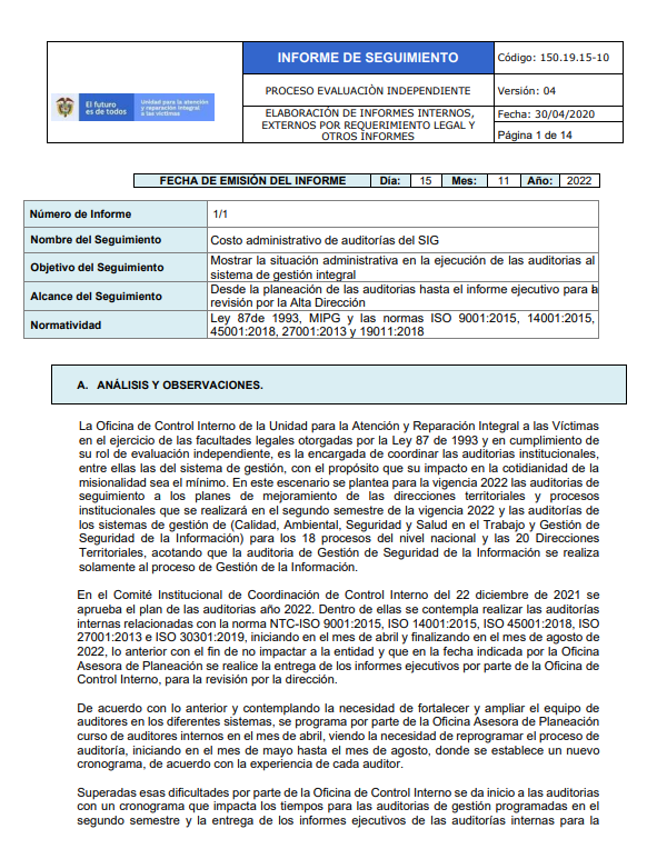 informe costo administrativo auditorias sig