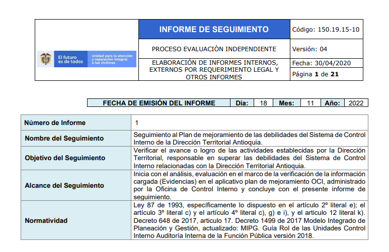 informe de seguimiento direccion territorial antioquia