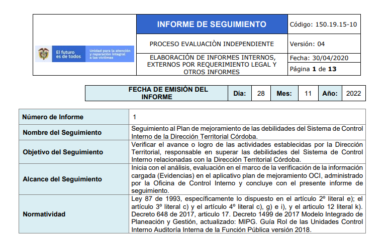 informe de seguimiento direccion territorial cordoba