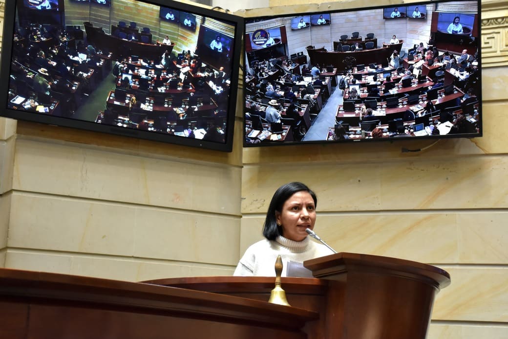 Patricia Tobón exponiendo ante el congreso la política de víctimas y paz